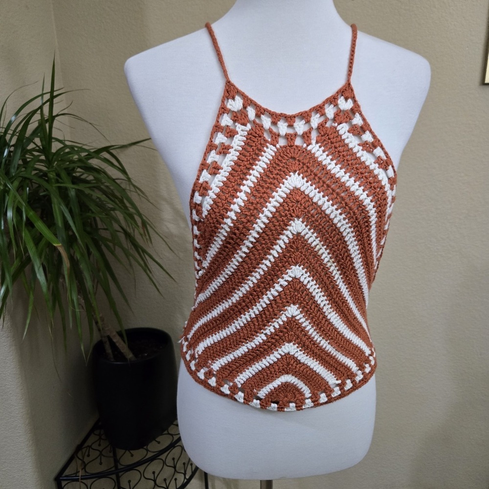 Sans Souci Crochet Halter Top Medium‎ Orange White Boho Festival Beach